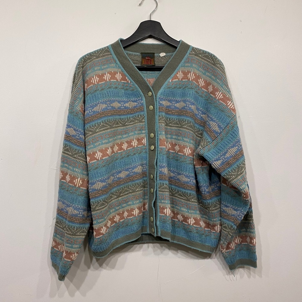 Lee Cooper Mystic Northern Vintage Fair Isle Cardigan Blue Green Geometric Multi